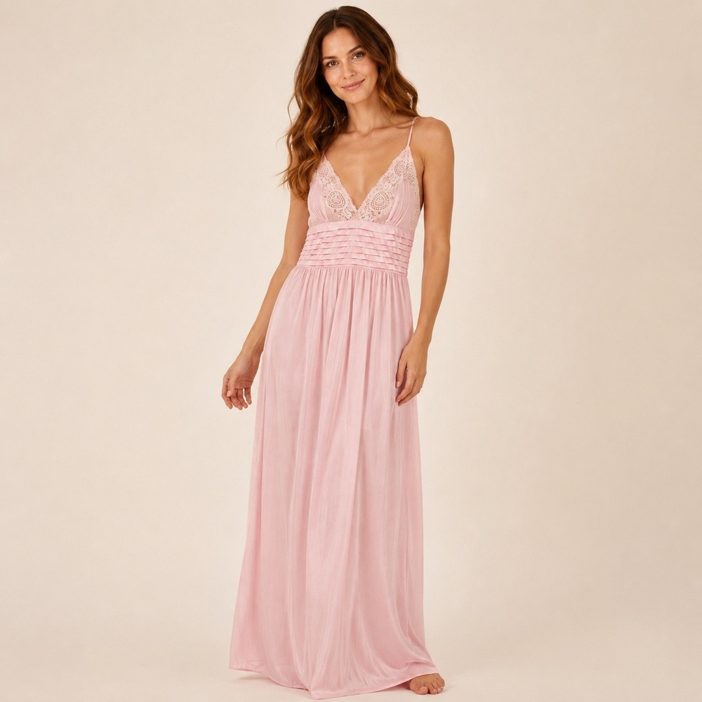 Lily of France Rosa Puleo-Szüle Vintage Pink Lace Open Back Maxi Nightgown S